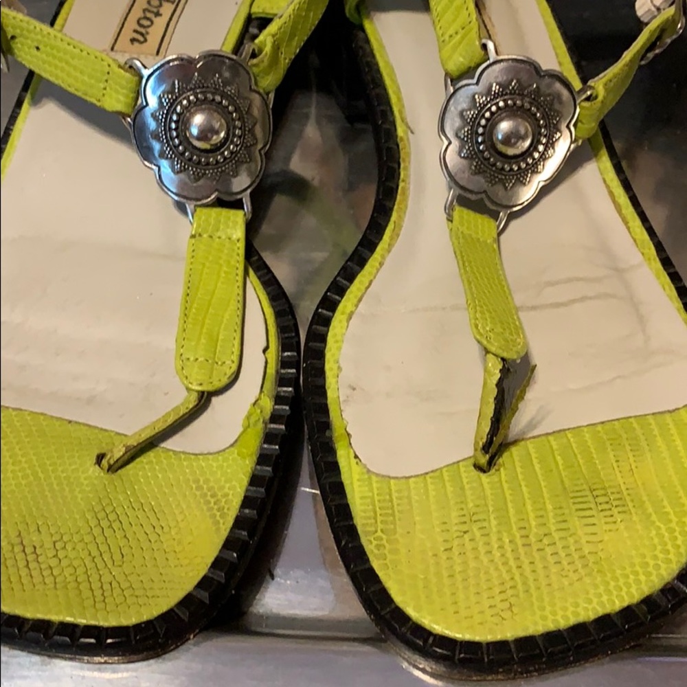 Brighton Lime Green Leather T-Strap Sandals with Silver Concho Accents - Picture 7 of 8